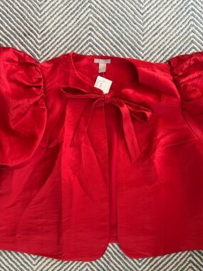H&M Red Puff Sleeve Cape with Tie Neck